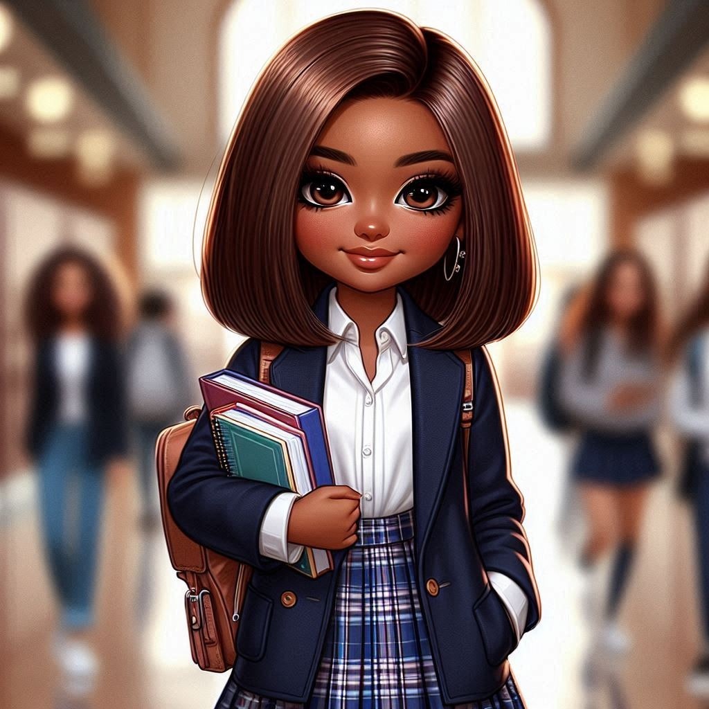 Digital airbrush, afro american woman , chibi style, with long, straight brown hair, wearing a Tartan Eyelash School uniform Toy Human Doll Sleeve