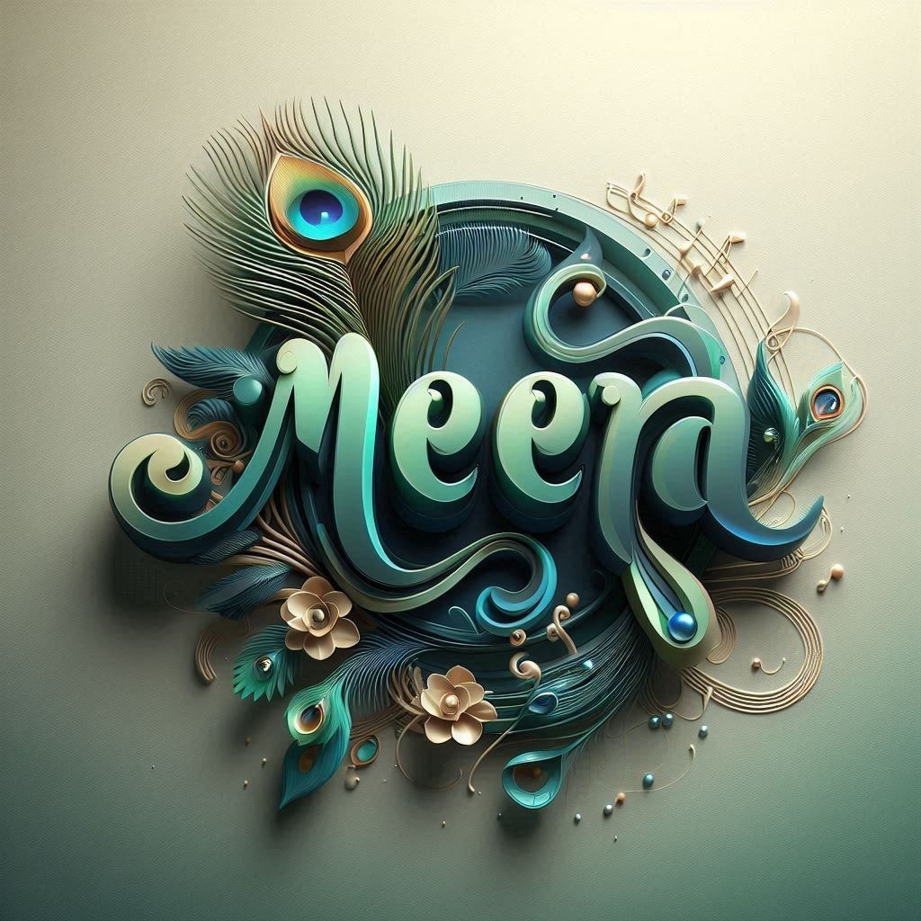 Design a 3D name art featuring the name 'Meera' in a graceful, flowing font. Add Azure Font Feather Aqua Art Wing Electric blue