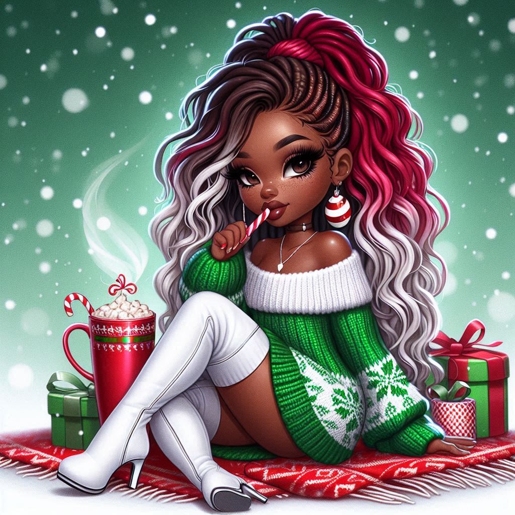 Digital Airbrush: A melanin chibi woman with deep red and white ombre faux locs styled Green Cartoon Red Plant Cg artwork Thigh Long hair