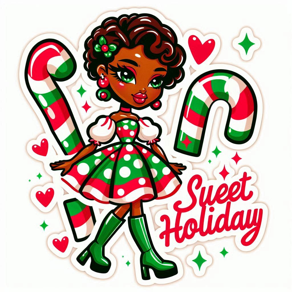 Create a vibrant, retro-style sticker isolated on a white background featuring an African-American woman, Bratz Cartoon Happy Font Illustration Fictional character Drawing Holiday ornament