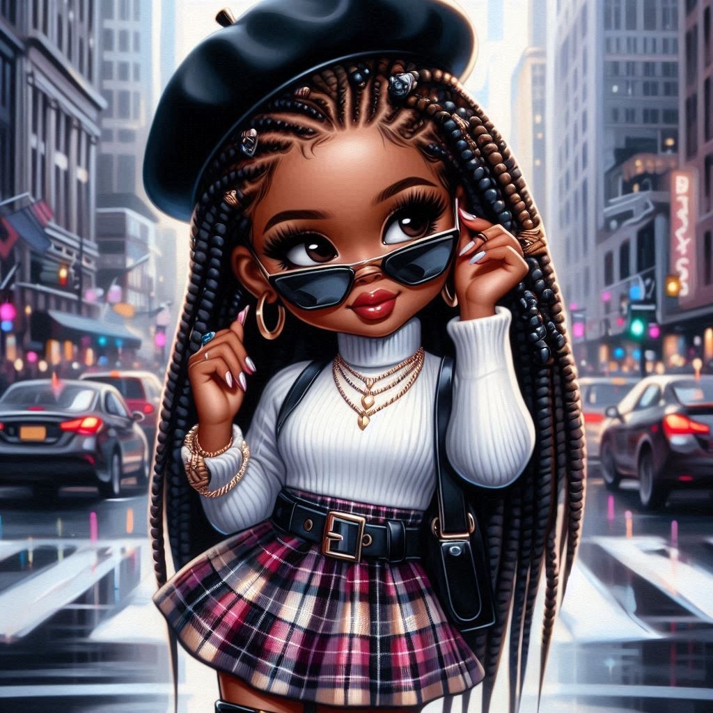 Glossy oil painting, of a chic Chibi fashionable African-American woman posing with one hand in Photograph Tartan Car White Fashion Toy Dress