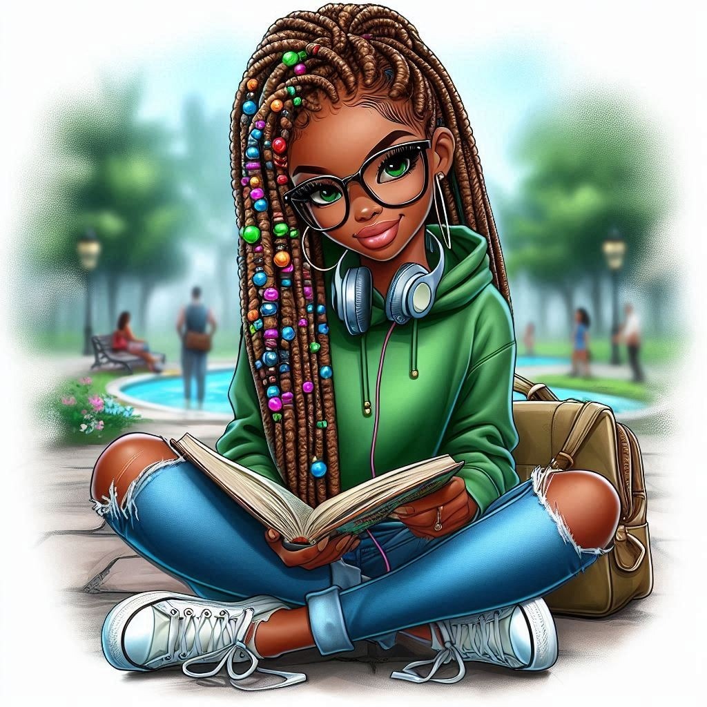 Digital airbrush, African-American woman, stick figure style, with glasses, long legs, and long arms. She Sleeve Cartoon Art Painting Fashion design Grass Happy