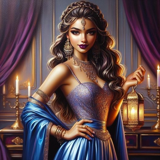 Glossy oil painting of light-skinned Indian girl in a flowing royal blue gown, set against Hair Head Hairstyle Eye Purple Fashion One-piece garment