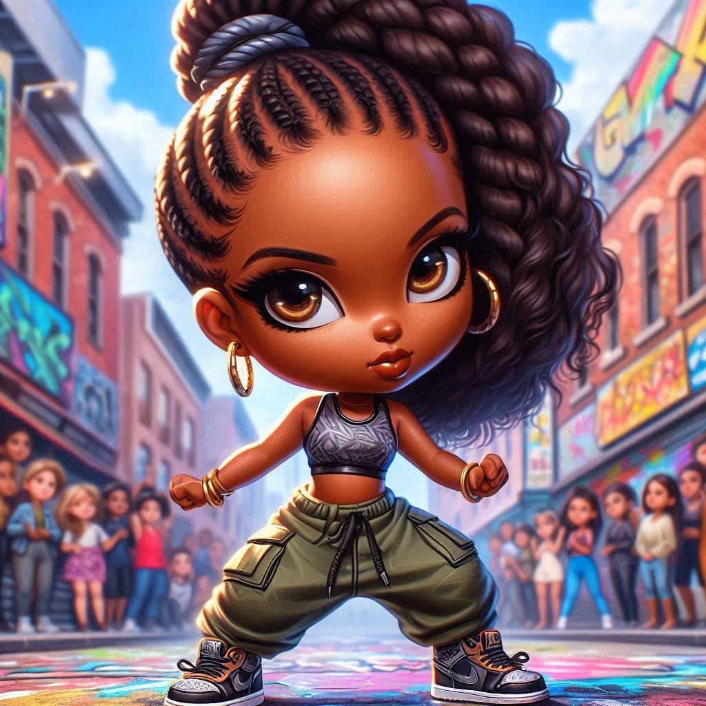 A digital oil painting of a chibi African woman with caramel skin, bright eyes, and Hairstyle Doll Toy Cartoon Window Fun Animated cartoon