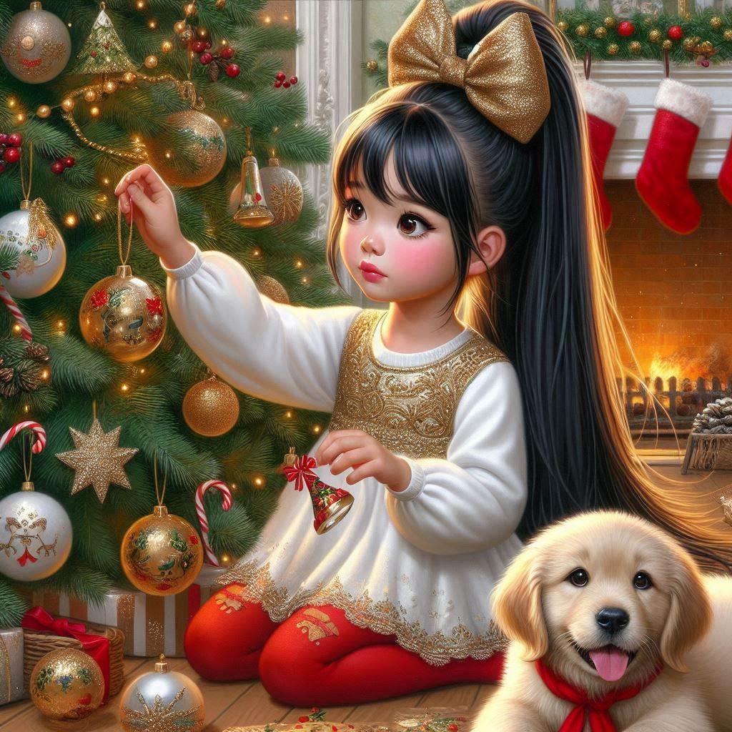 Glossy oil painting: a young Asian girl with long, straight black hair tied in a Dog Facial expression Organ Christmas tree Dress Toy Happy