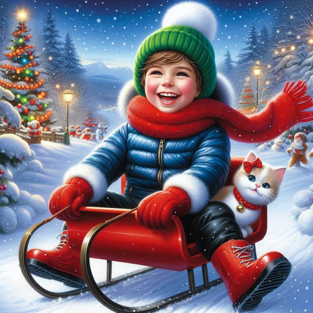 Glossy oil painting: A young boy with short curly hair, wearing a green beanie with Smile Snow Sky Christmas tree Cartoon Gesture Happy