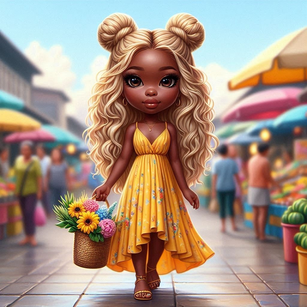 4k, Hyper-realistic, Oil Painting, African American woman, Chibi style, with pigtail hairs dyed blonde, shoulder-length Plant Doll Flowerpot Toy Sky Barbie Fawn