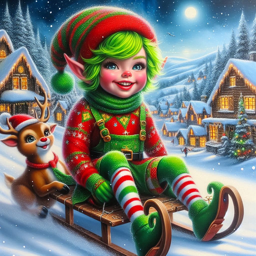 Glossy oil painting; A young elf with bright green hair and a mischievous grin is Snow Green Cartoon Tree Art Fun Plant