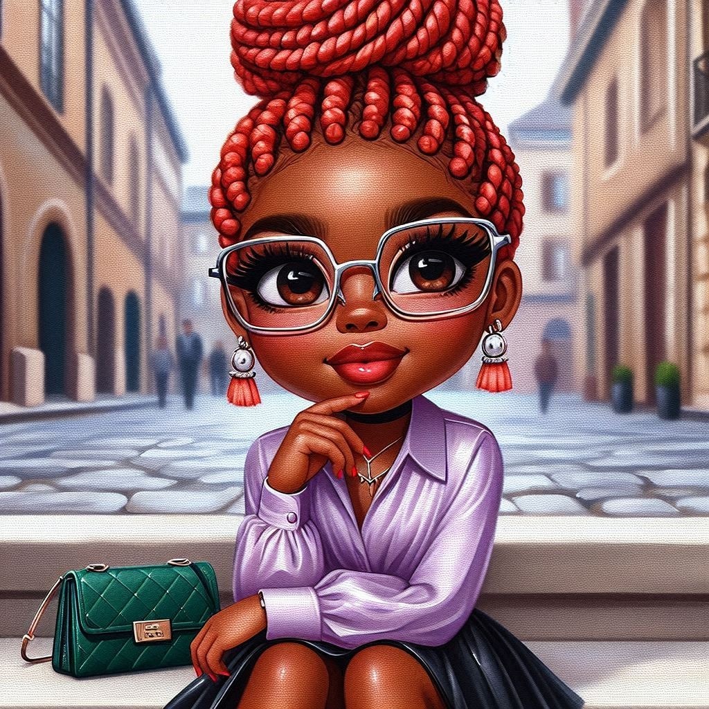 4K glossy oil painting of an afro-American woman, chibi style, with coral red micro braids Glasses Vision care Organ Human Cartoon Window Eyewear