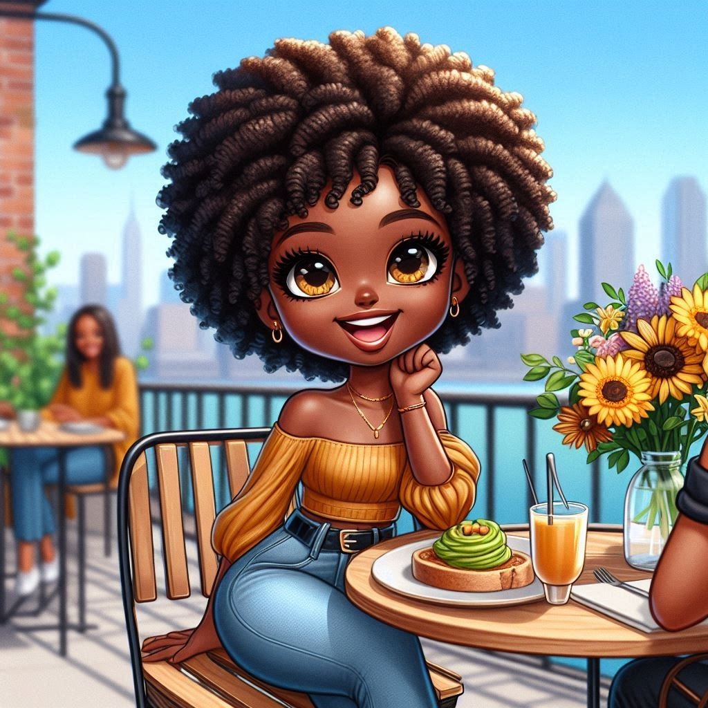 A digital oil painting of a chibi African woman with caramel skin, bright eyes, and Smile Hairstyle Plant Flower Tableware Leisure Black hair