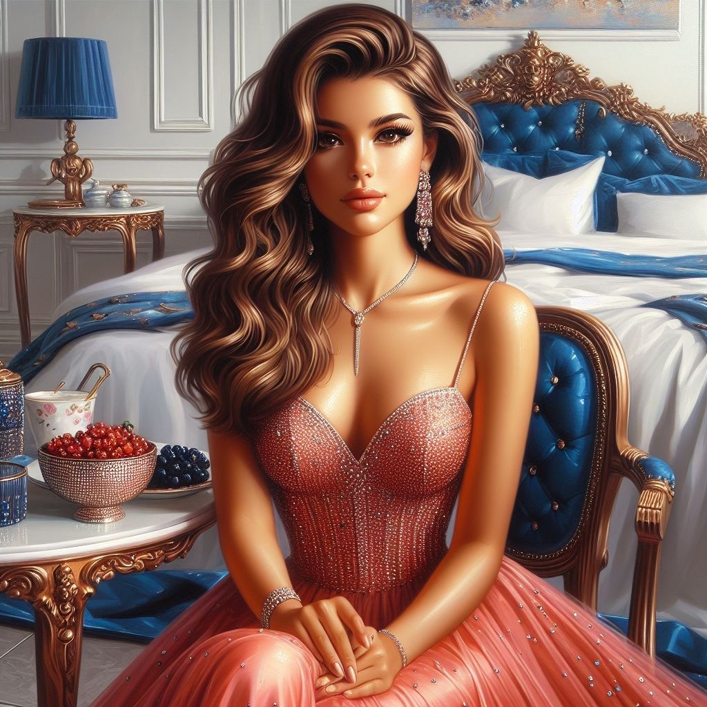 Glossy oil painting of a light-skinned Latina-American girl in a long coral pink gown and Hair Head Blue Organ Eyelash Fashion Neck