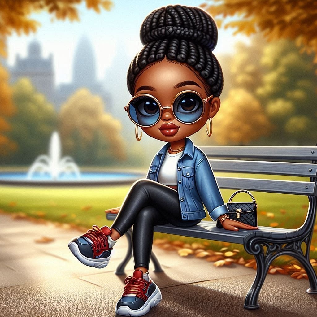 Glossy oil painting of a chic Chibi fashionable African-American woman sitting on a park bench Cartoon Eyewear Black hair Doll Fun Art Electric blue