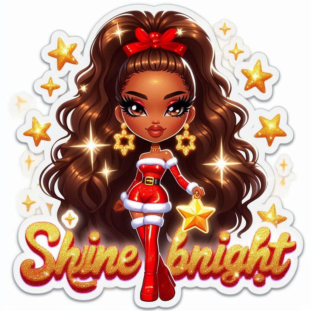 
Create a Bratz anime-style Christmas sticker isolated on a white background featuring an African-American woman Cartoon Font Lipstick Fictional character Badge Illustration Graphics