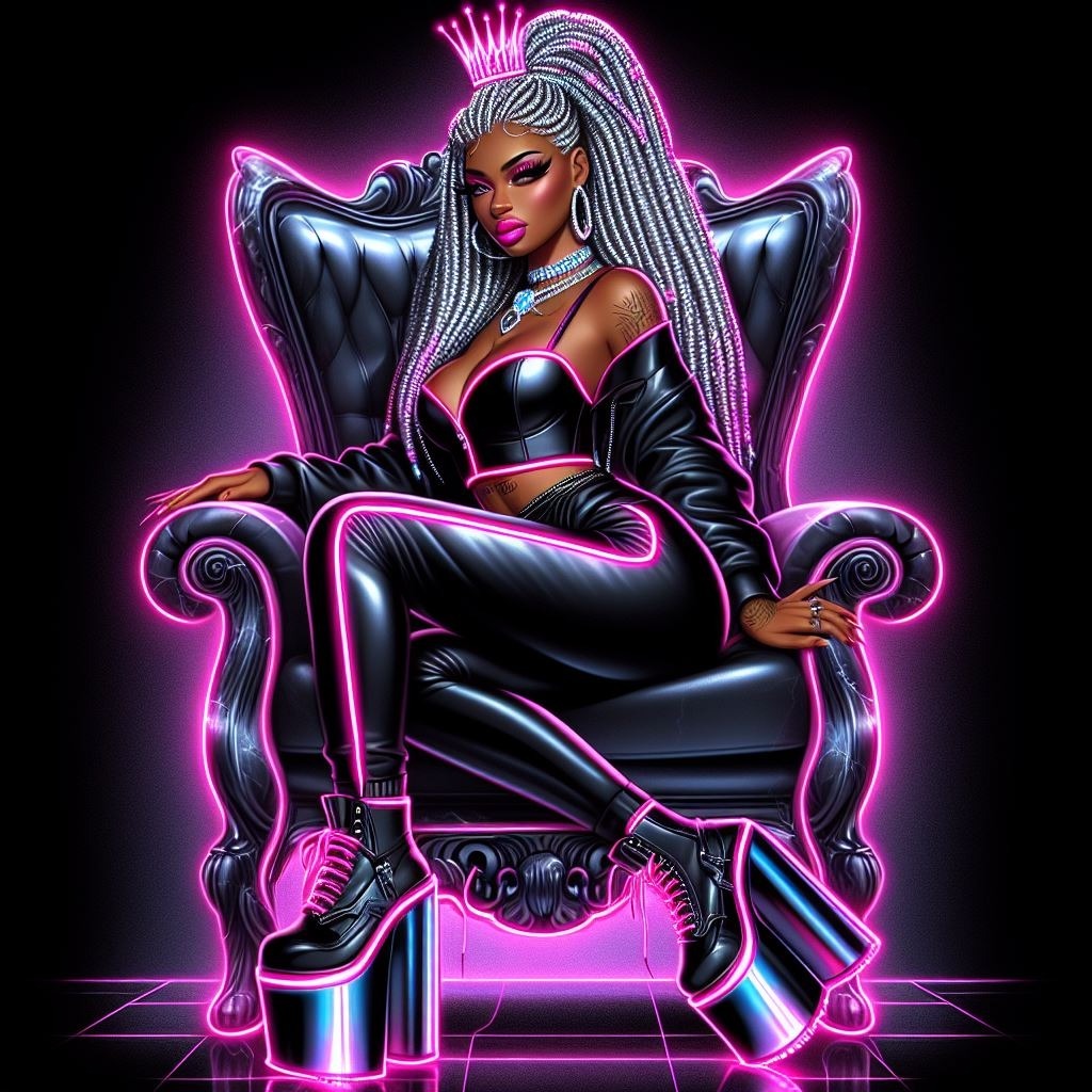 An airbrushed illustration of a confident African American woman with a crown of silver braids Purple Entertainment Pink Thigh Violet Performing arts Font