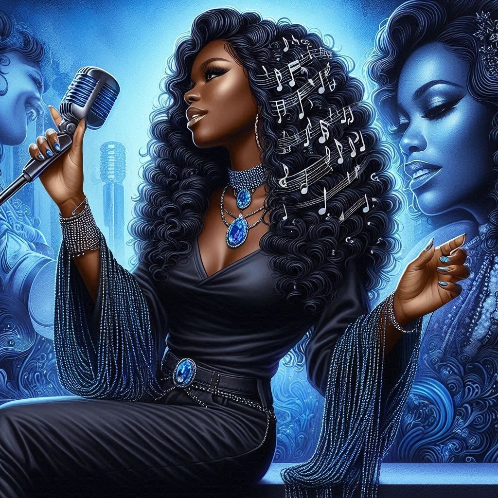 Create a digital airbrush artwork of a soulful African American musician with long, black hair Microphone Flash photography Black hair Music artist Electric blue Event Thigh