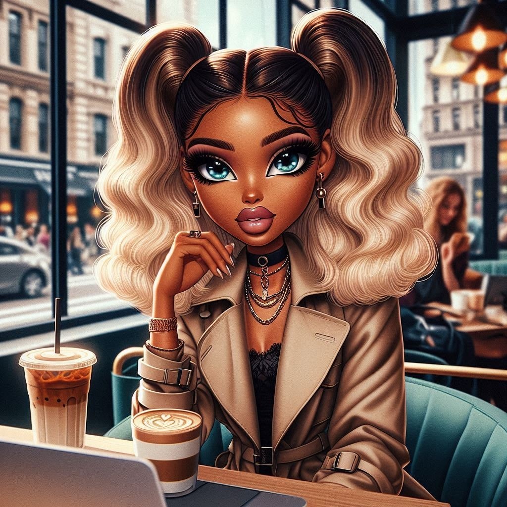 A digital oil painting of a African woman, Bratz anime style, with caramel skin, bright Hairstyle Eyelash Human Fashion Cartoon Cup Tire