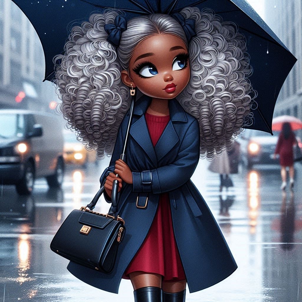 Digital airbrush, afro american woman , chibi style, with silver pigtail hairs, dressed in a Fashion Standing Style Fashion design Blazer Cg artwork Black hair