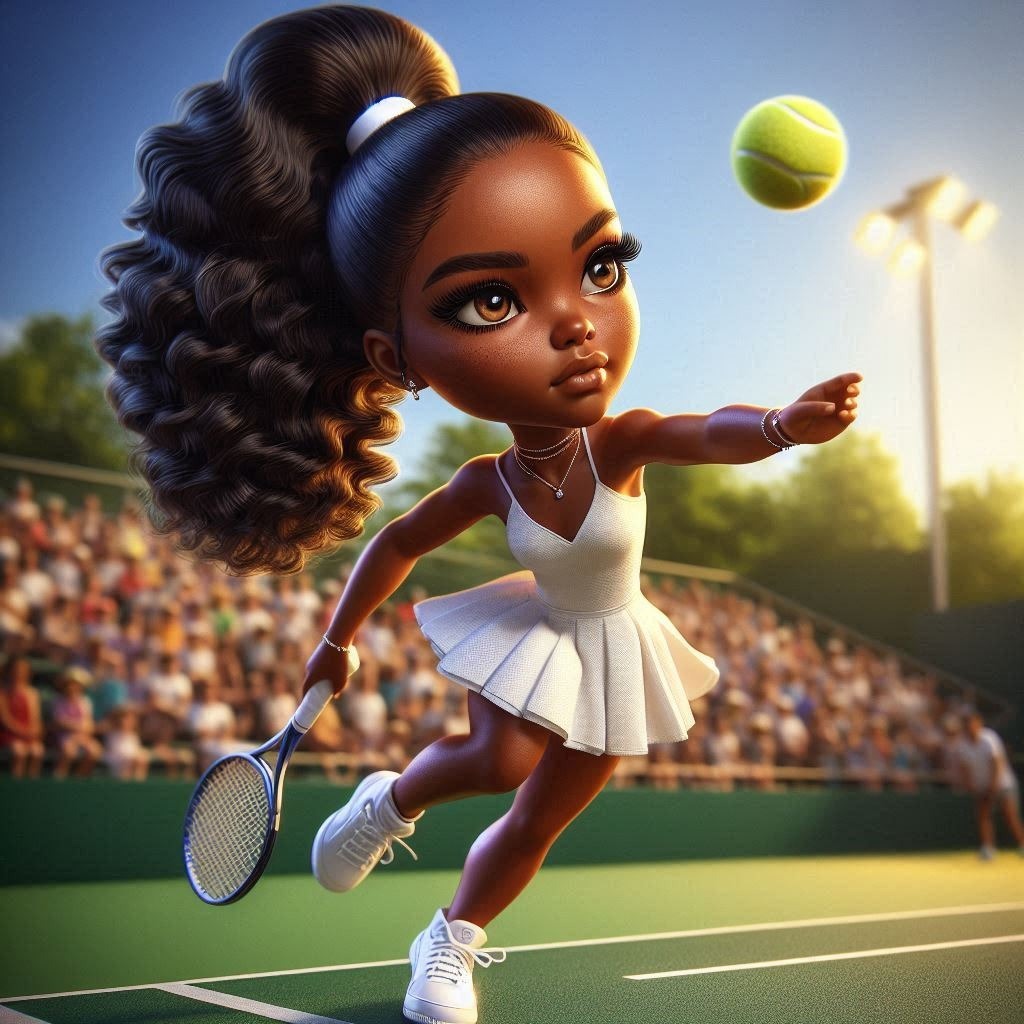 4k hyper realistic oil painting of a young afro american chibi woman with a sleek Photograph Tennis Racketlon Sports equipment Strings Soft tennis Tennis player