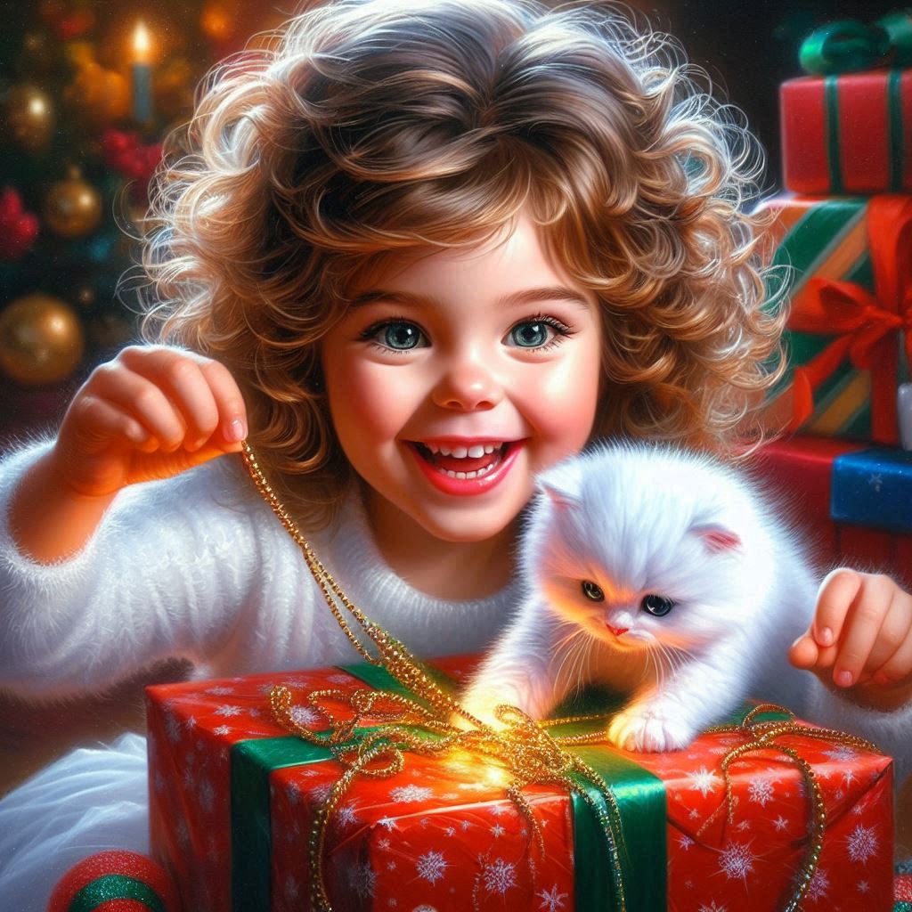 Glossy oil painting; A little girl with curly brown hair and sparkling eyes is opening Smile Facial expression Cat Organ Happy Iris Carnivore