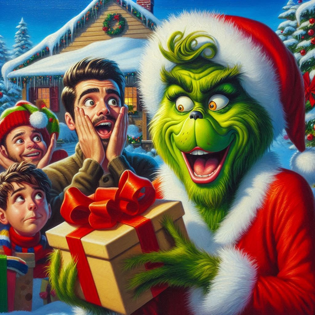 Glossy oil painting; A mischievous Grinch, dressed as Santa, is caught red-handed delivering presents to Facial expression Smile Happy Fun Art Fictional character Event