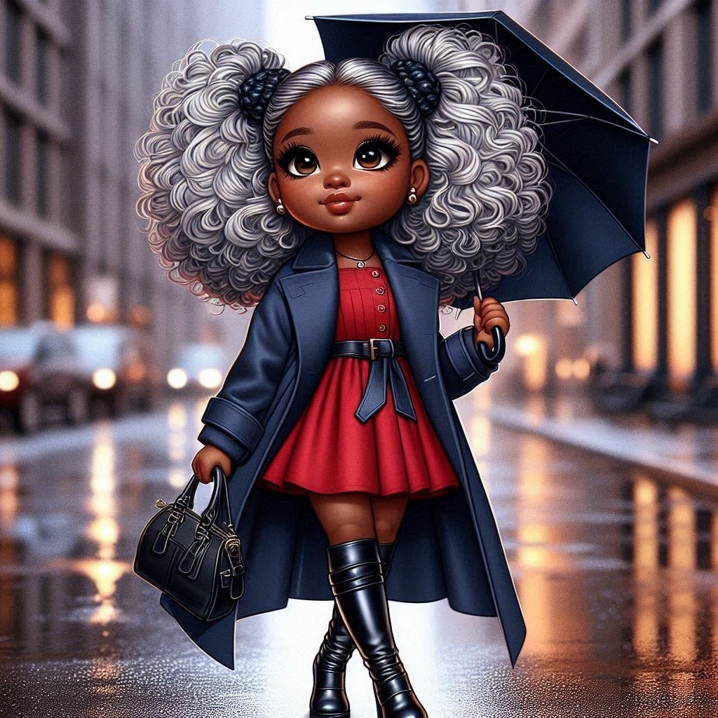 Digital airbrush, afro american woman , chibi style, with silver pigtail hairs, dressed in a Hair Footwear Head Outerwear Doll Toy Black