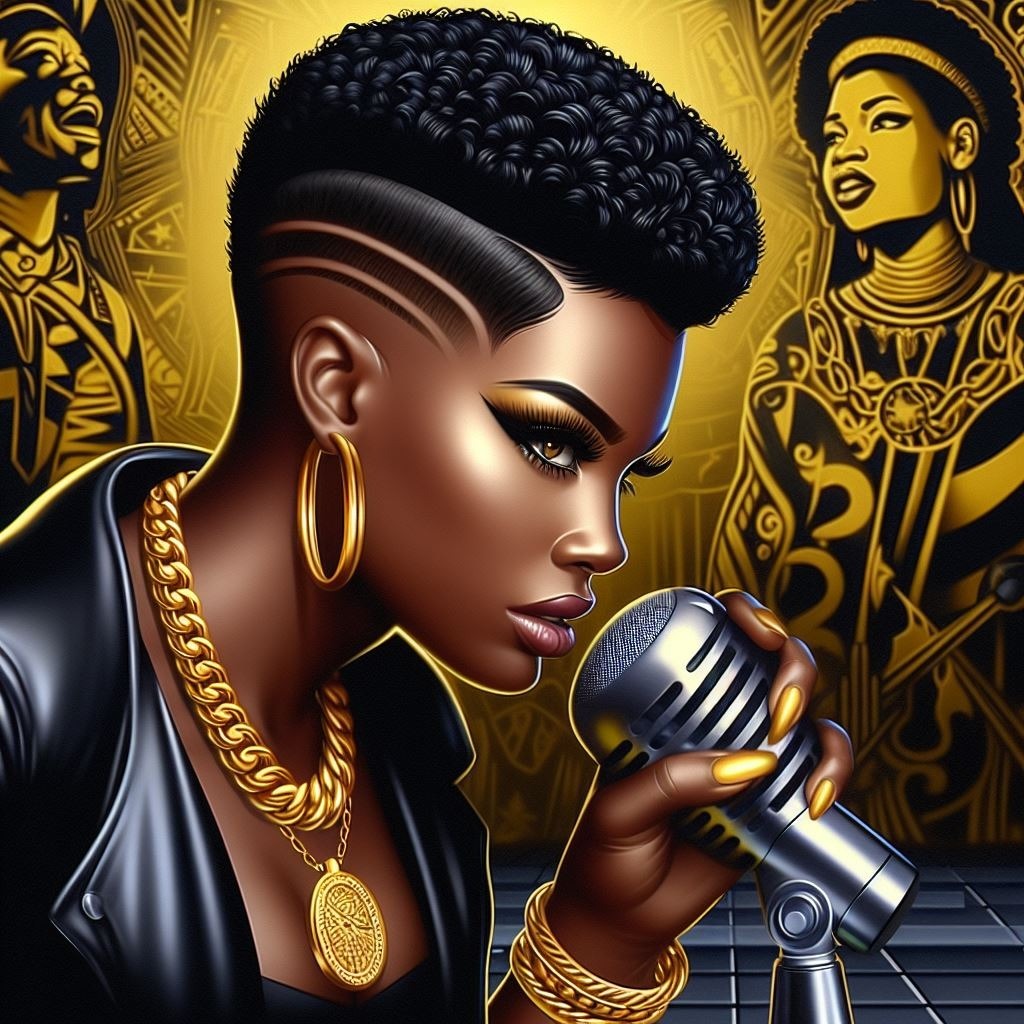 Digital airbrush painting of a powerful African American hip-hop artist with short, black hair styled Head Hairstyle Organ Microphone Eyelash Art Cool