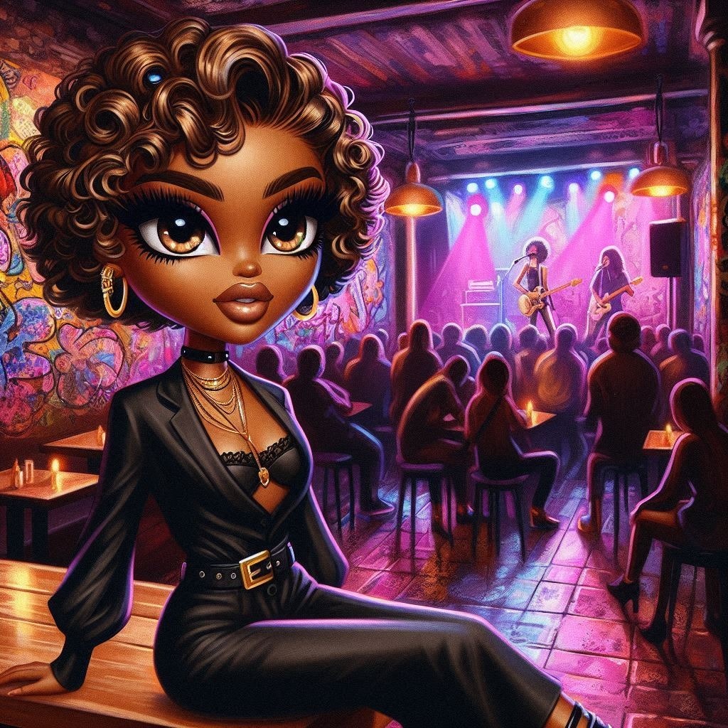 A digital oil painting of a African woman, Bratz anime style, with caramel skin, bright Purple Fashion Fashion design Chair Black hair Entertainment Fun