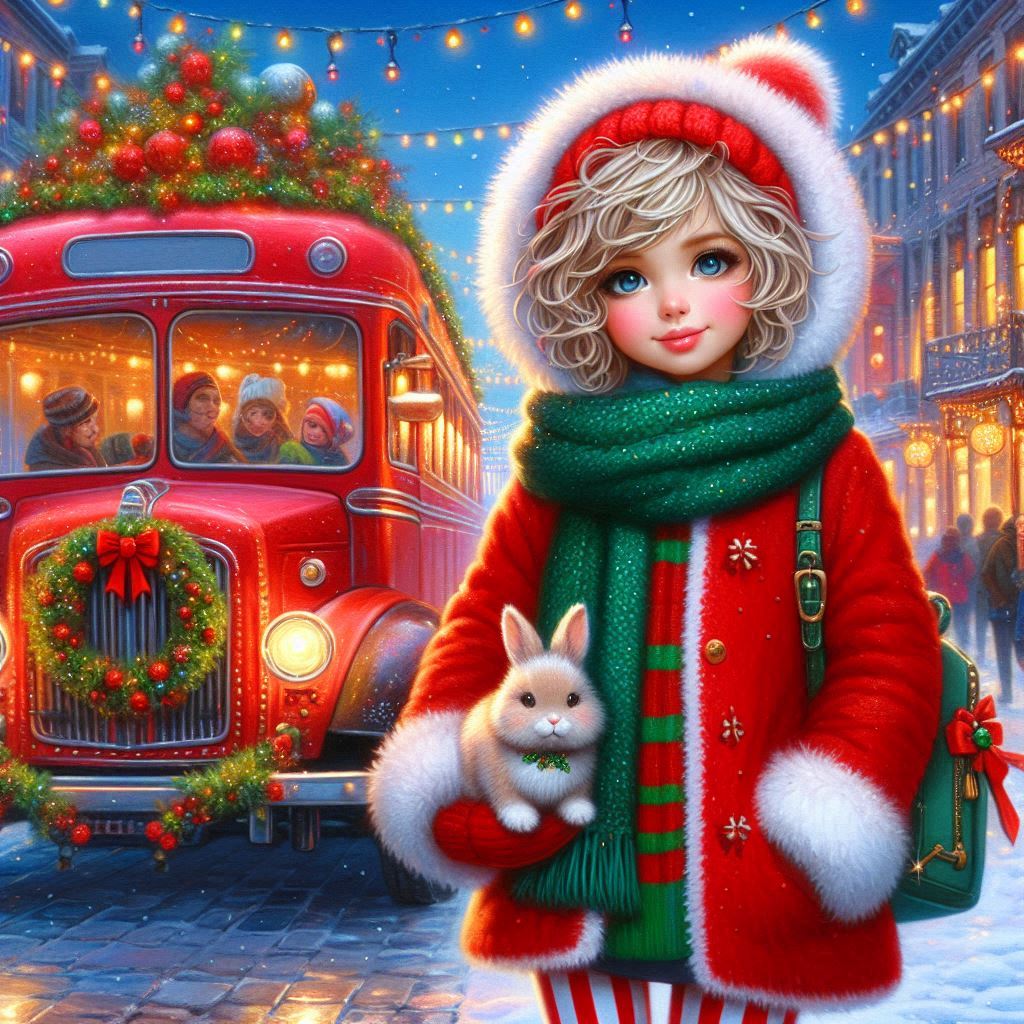 Glossy oil painting: A girl with short, curly blonde hair wearing a big red winter Vehicle Blue Plant Window Red Fun Tree