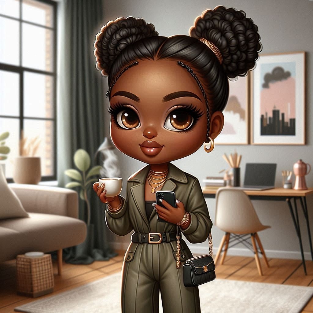 A digital oil painting of a chibi African woman with caramel skin, bright eyes, and Hairstyle Window Fashion Style Table Black hair Fashion design