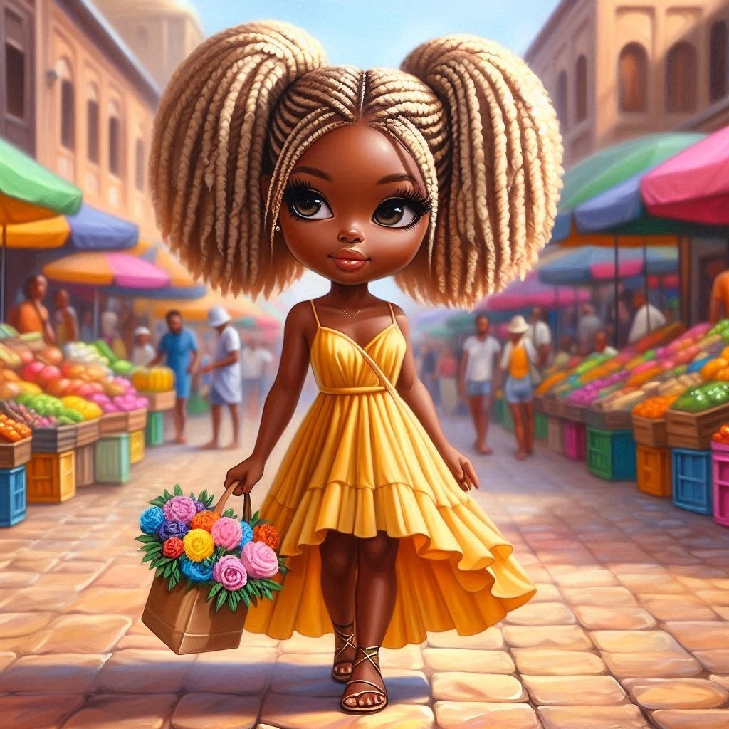 4k, Hyper-realistic, Oil Painting, African American woman, Chibi style, with pigtail hairs dyed blonde, shoulder-length Doll Toy Sky Cartoon Barbie Wig Leisure