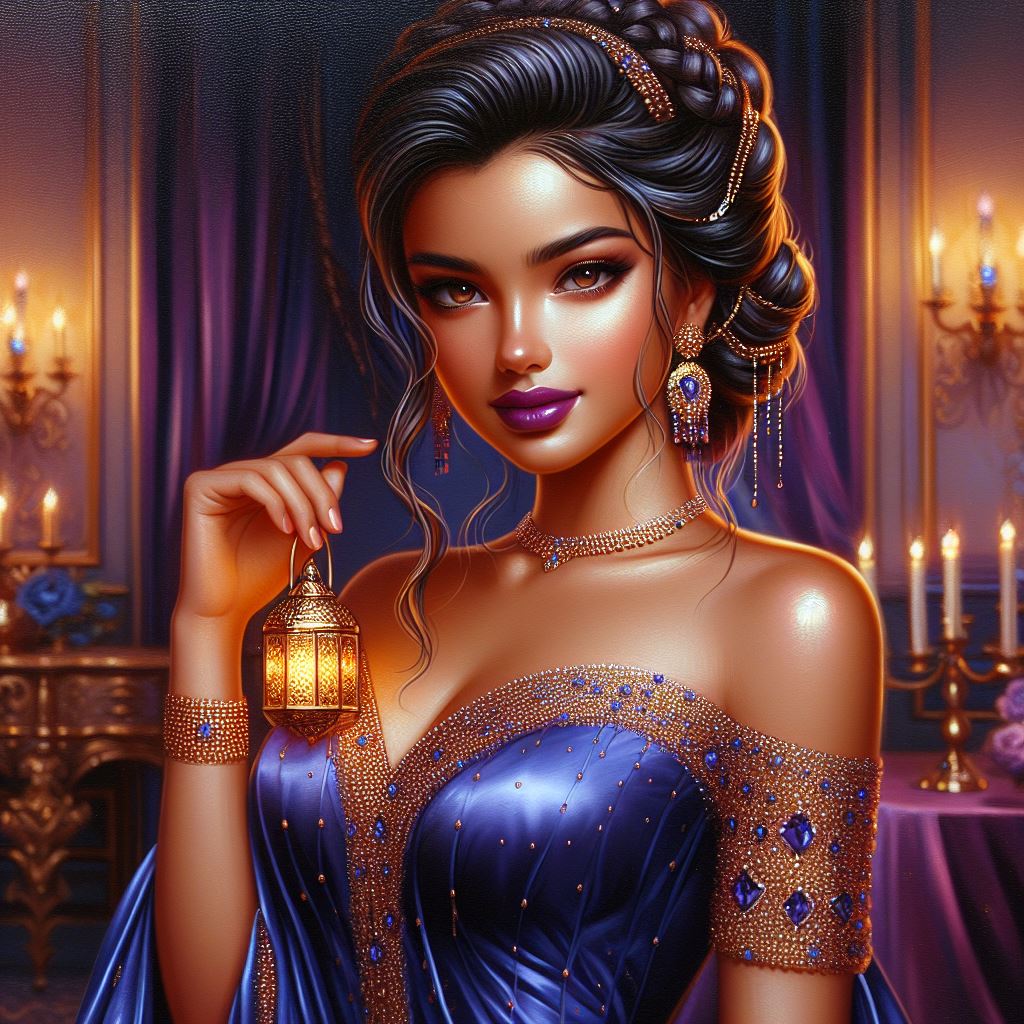 Glossy oil painting of light-skinned Indian girl in a flowing royal blue gown, set against Hair Head Hairstyle Shoulder Eye Eyelash Human