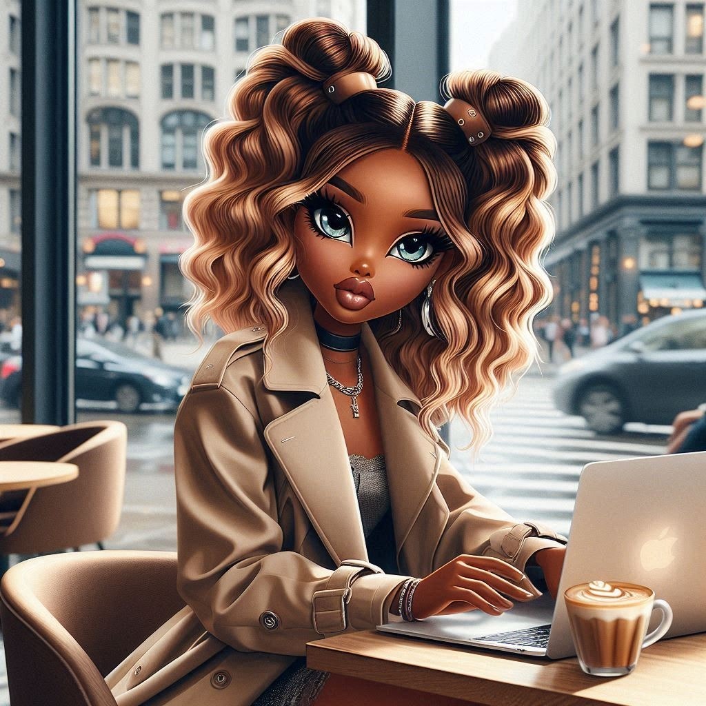 A digital oil painting of a African woman, Bratz anime style, with caramel skin, bright Fashion Eyewear Laptop Fashion design Black hair Wig Beauty