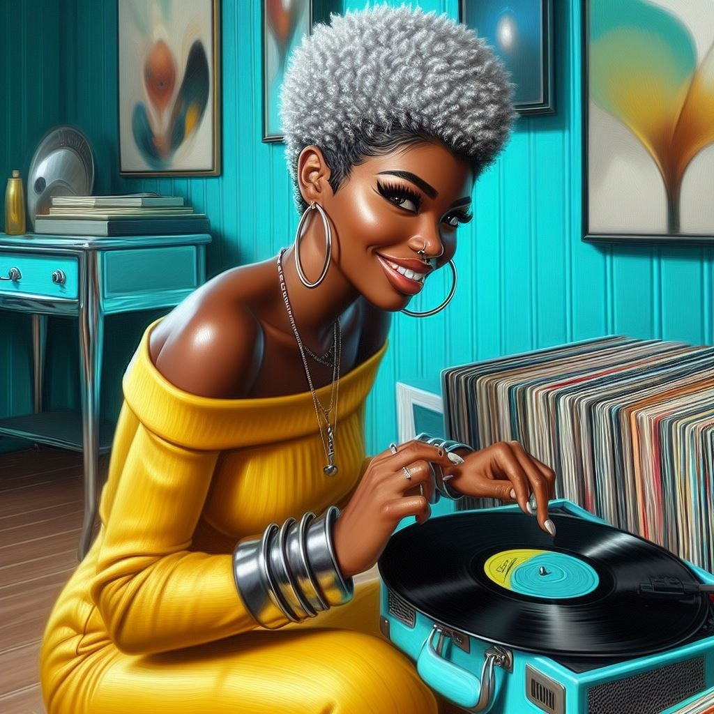 4k glossy oil painting: Afro-American woman, mischievous grin, flipping through a vinyl record collection. Short, Smile Blue Green Yellow Flash photography Earrings Gramophone record