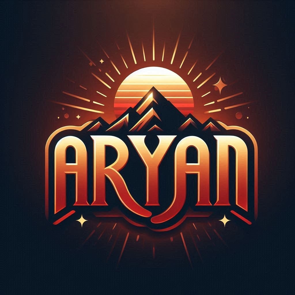 Design a 3D name art for the name 'Aryan' in a bold, modern font. Incorporate Font Gas Symbol Circle Event Logo Signage