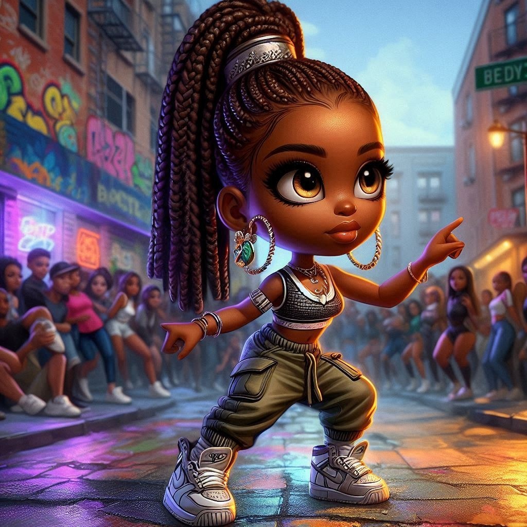 A digital oil painting of a chibi African woman with caramel skin, bright eyes, and World Purple Fashion Cartoon Toy Fun Entertainment