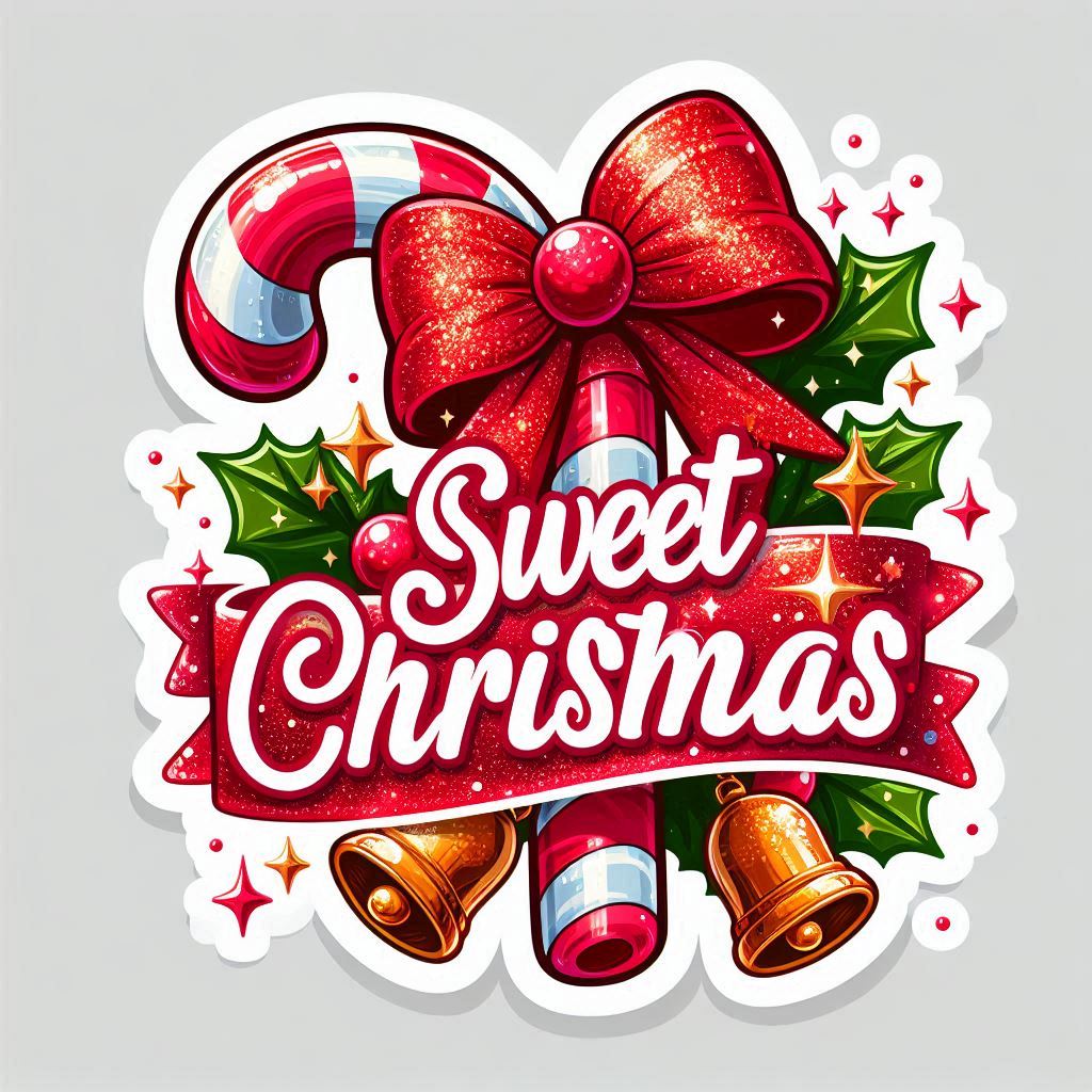 Sticker isolated on a white background featuring a giant candy cane wrapped in a glittering Greeting Font Plant Christmas decoration Petal Event Symbol