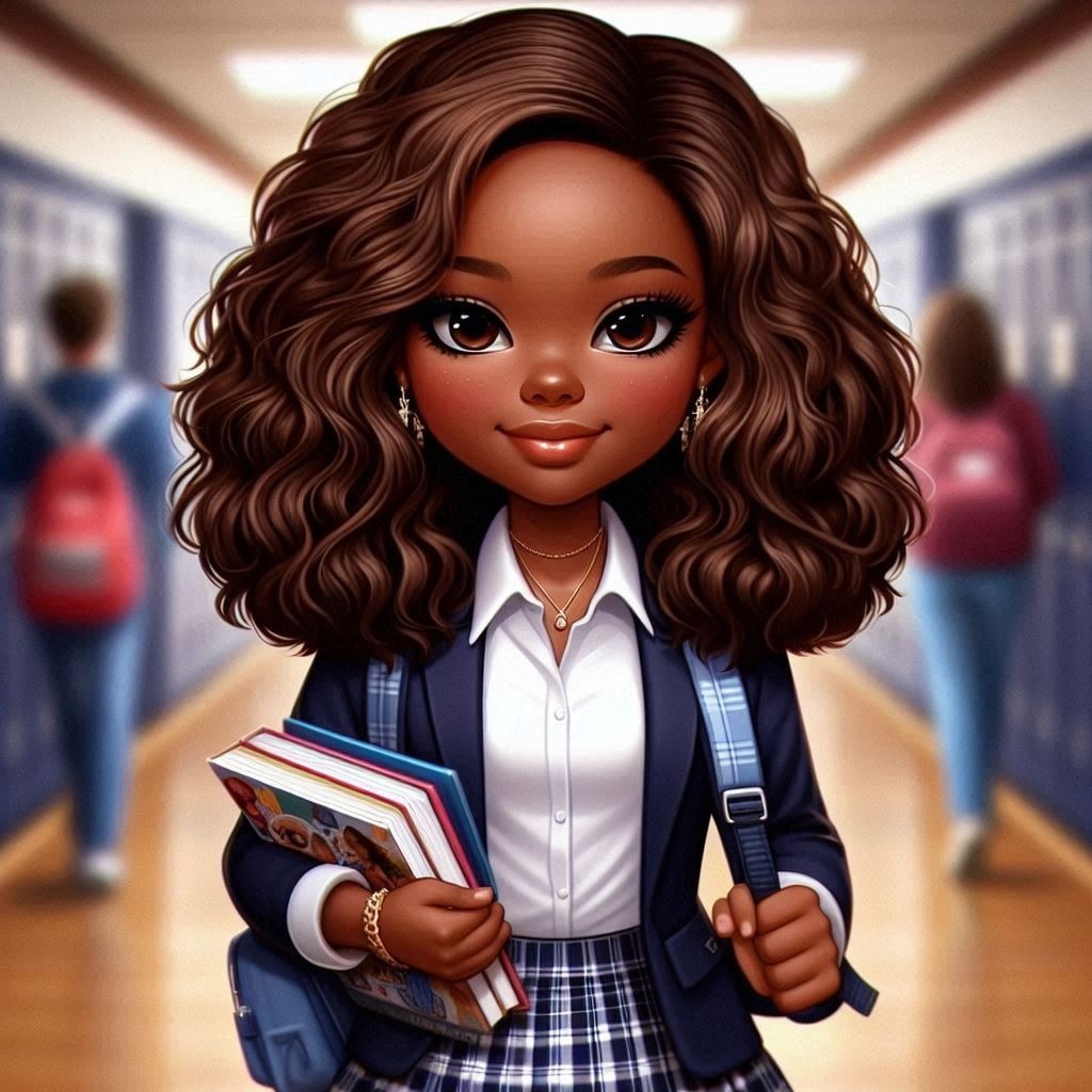 Digital airbrush, afro american woman , chibi style, with long, straight brown hair, wearing a Fashion Toy School uniform Doll Food Tartan Eyelash