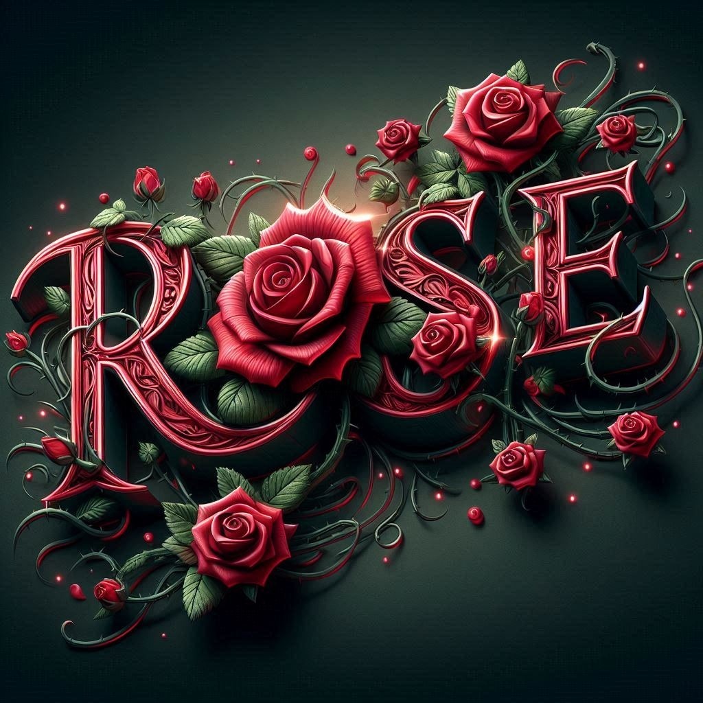 Design a 3D name art with the name 'Rose' in a romantic, ornate font. Incorporate Flower Plant Petal Hybrid tea rose Creative arts Flower Arranging Font