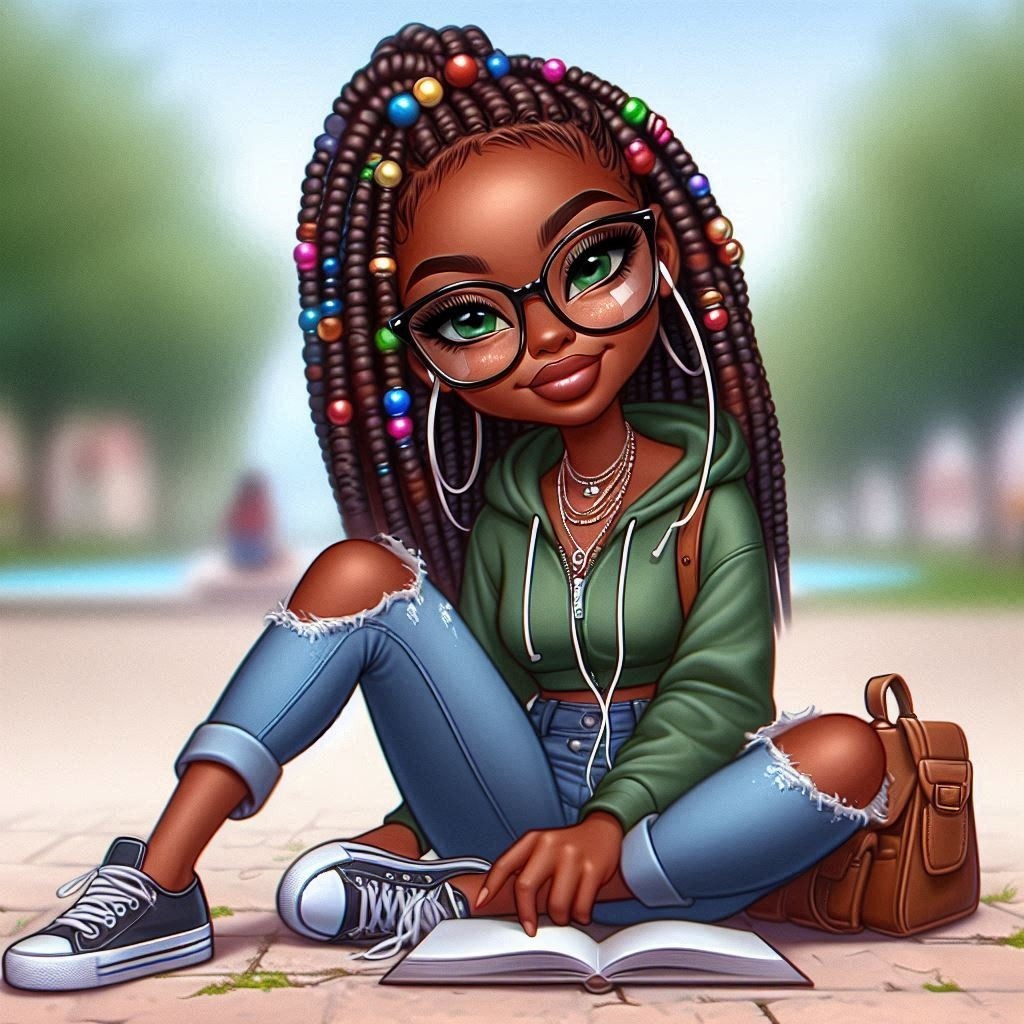 Digital airbrush, African-American woman, stick figure style, with glasses, long legs, and long arms. She Hair Shoe Toy Happy Style Doll Black hair