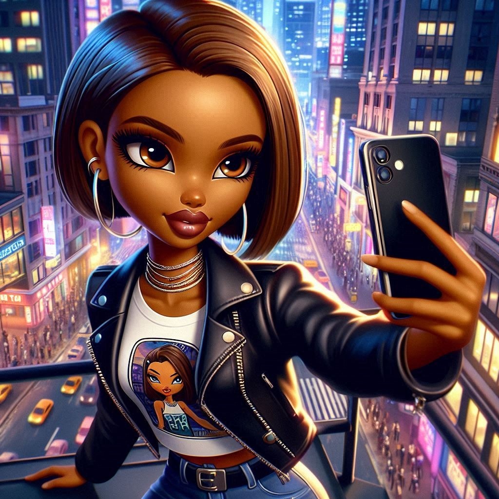 A digital oil painting of a African woman, Bratz anime style, with caramel skin, bright Fashion Building Cool Fun Electric blue Technology Window