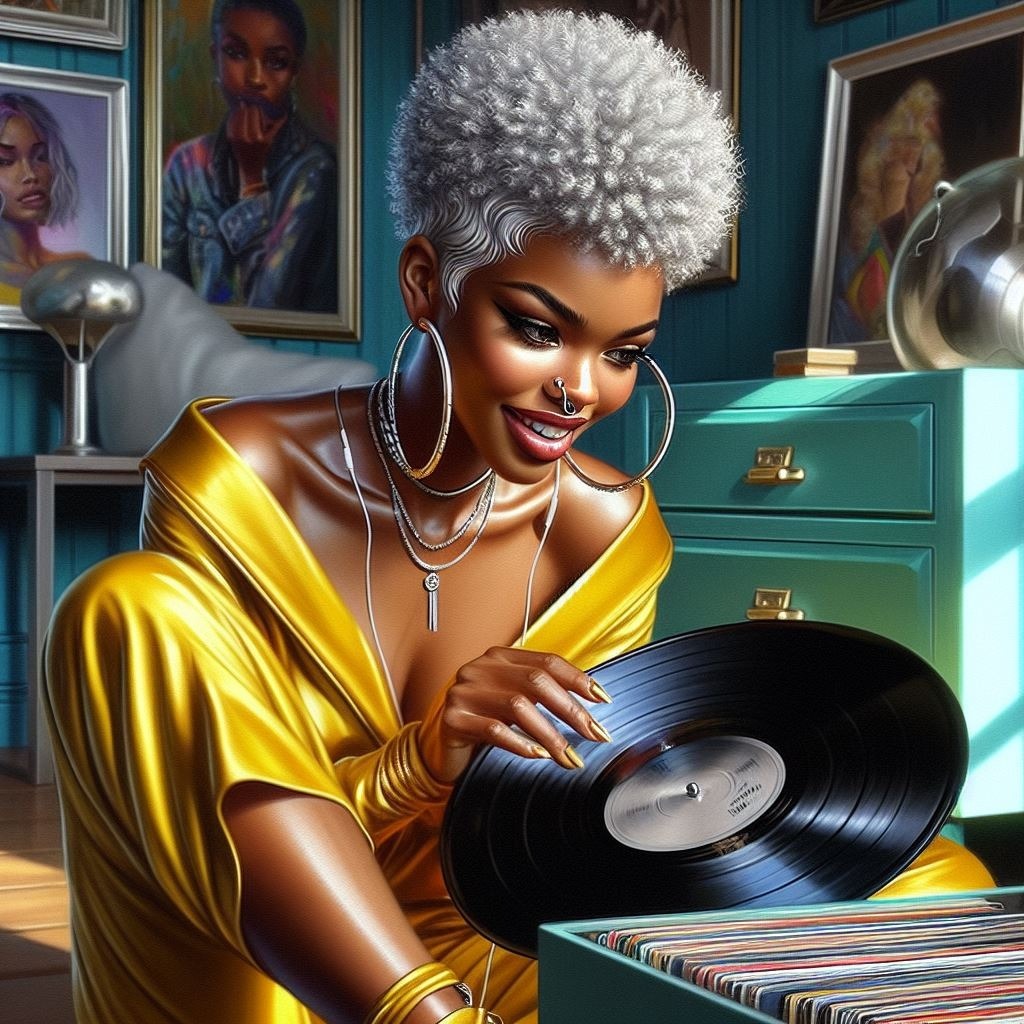 4k glossy oil painting: Afro-American woman, mischievous grin, flipping through a vinyl record collection. Short, Black hair Audio equipment Earrings Automotive tire Home appliance Afro Art