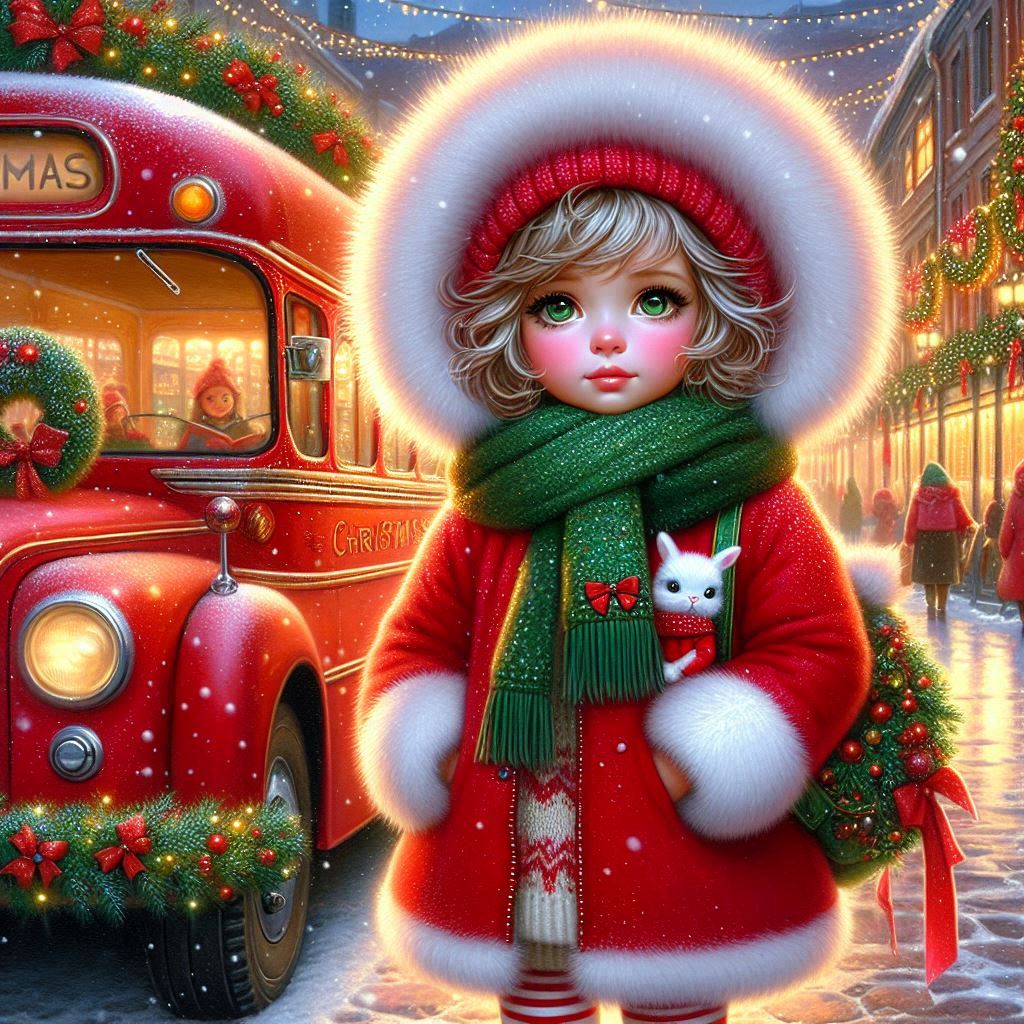 Glossy oil painting: A girl with short, curly blonde hair wearing a big red winter Wheel Lighting Toy Christmas ornament Vehicle Tire Red