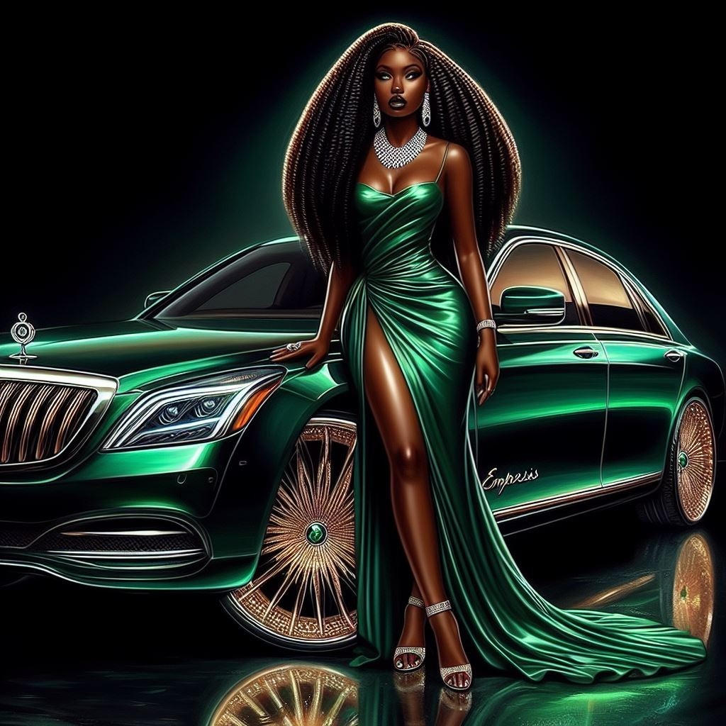 Glossy oil painting of an African American woman with long, flowing braids and a glamorous Car Land vehicle Vehicle Wheel Motor vehicle Automotive lighting Tire