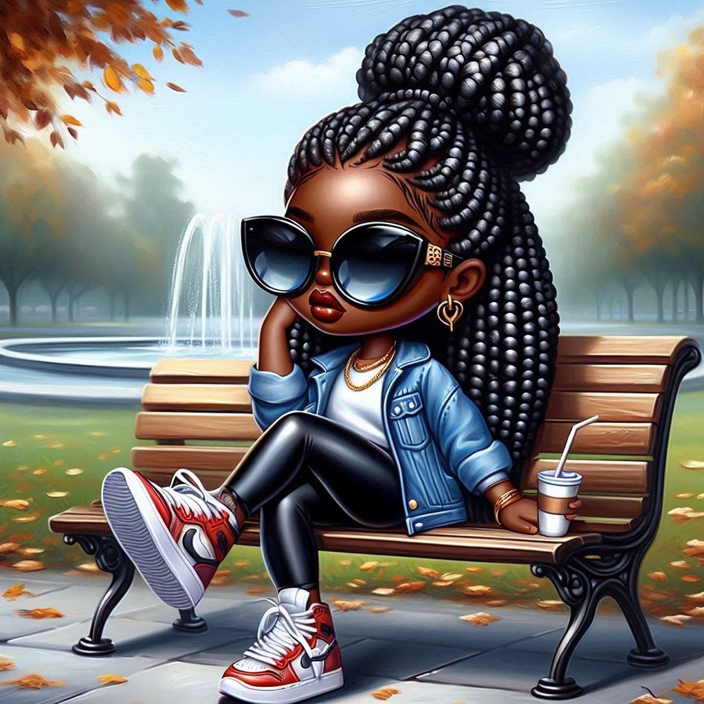 Glossy oil painting of a chic Chibi fashionable African-American woman sitting on a park bench Cloud Vision care Goggles Sky Eyewear Sunglasses Cool