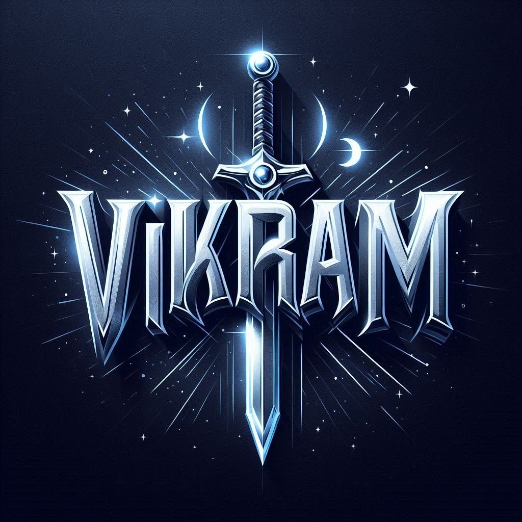 Design a 3D name art with the name 'Vikram' in a strong, masculine font. Include Font Electric blue Art Event Darkness Graphics Midnight