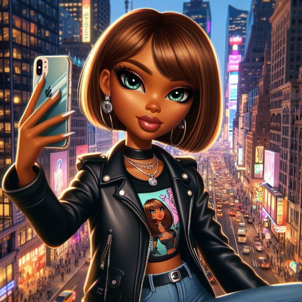 A digital oil painting of a African woman, Bratz anime style, with caramel skin, bright Hairstyle Fashion Pink Cartoon Cool Eyewear Leather jacket