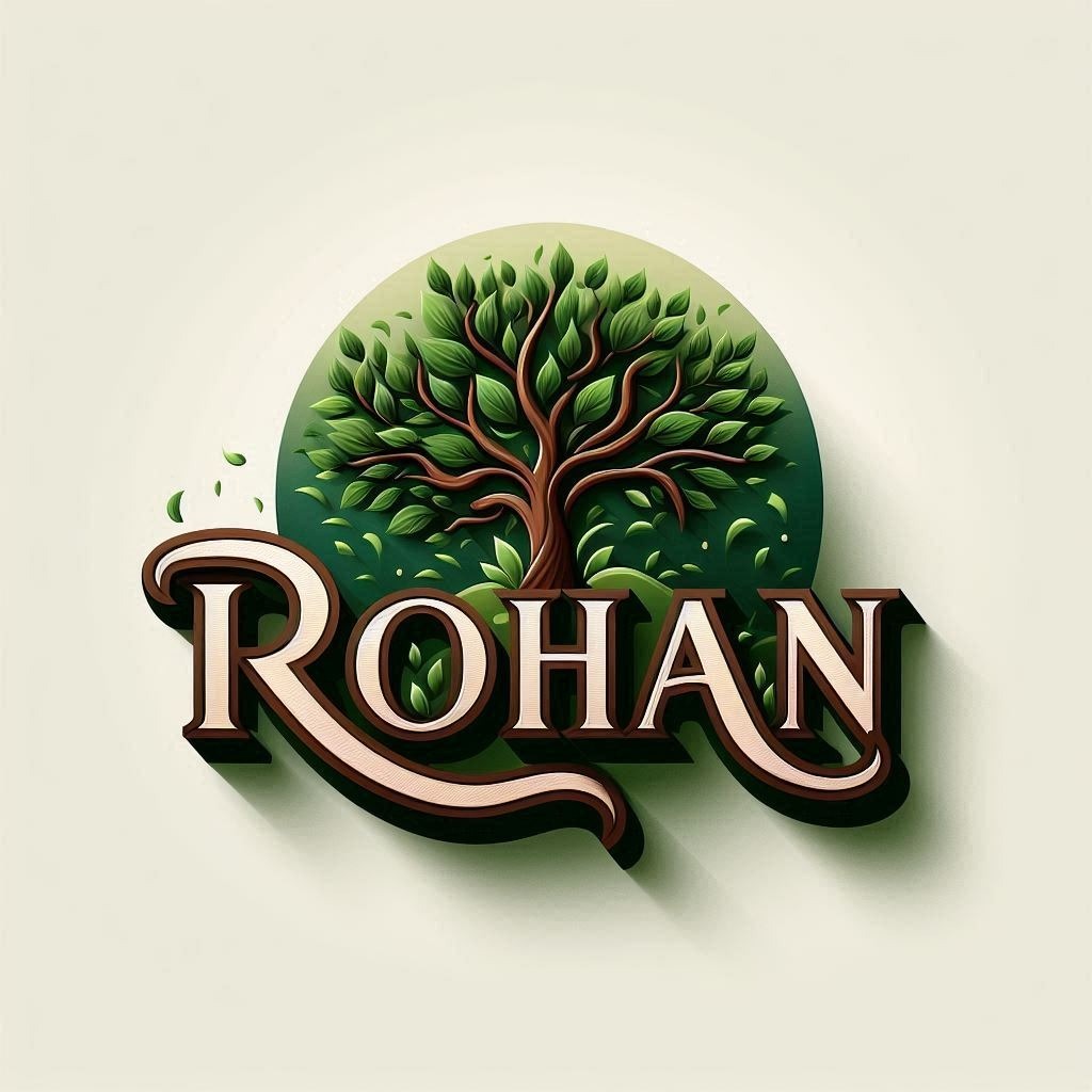 Design a 3D name art featuring the name 'Rohan' in a sleek, modern font. Add Font Grass Tree Terrestrial plant Logo Graphics Illustration