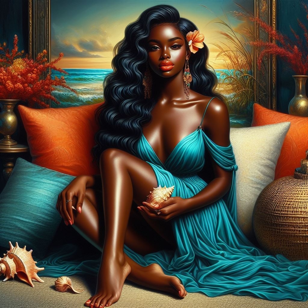 Glossy oil painting of dark-skinned Caribbean girl in a flowing turquoise gown, amidst a room Hair Nature Azure Flash photography Thigh Comfort Black hair