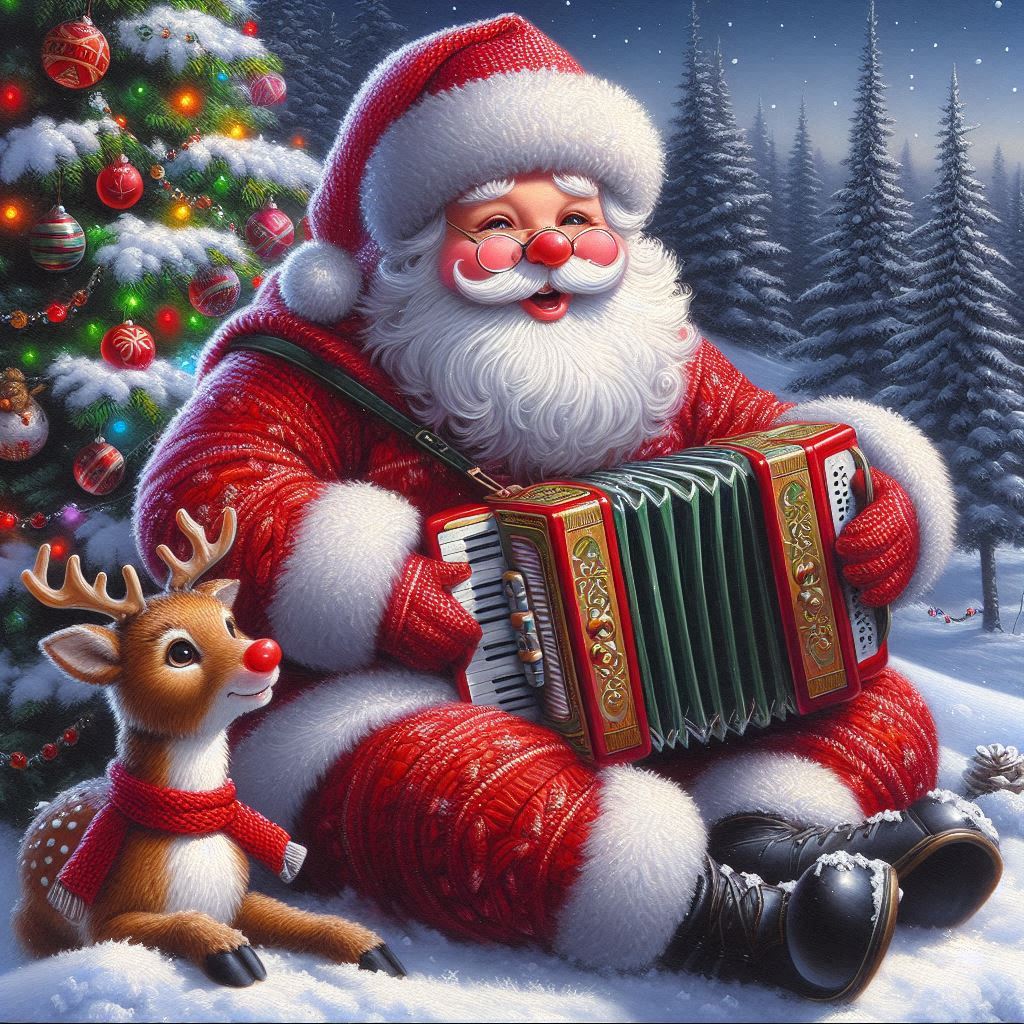 Glossy oil painting: Santa Claus with a round, cheerful face and a fluffy beard is Christmas tree Free reed aerophone Santa claus Musical instrument Red Toy Christmas decoration