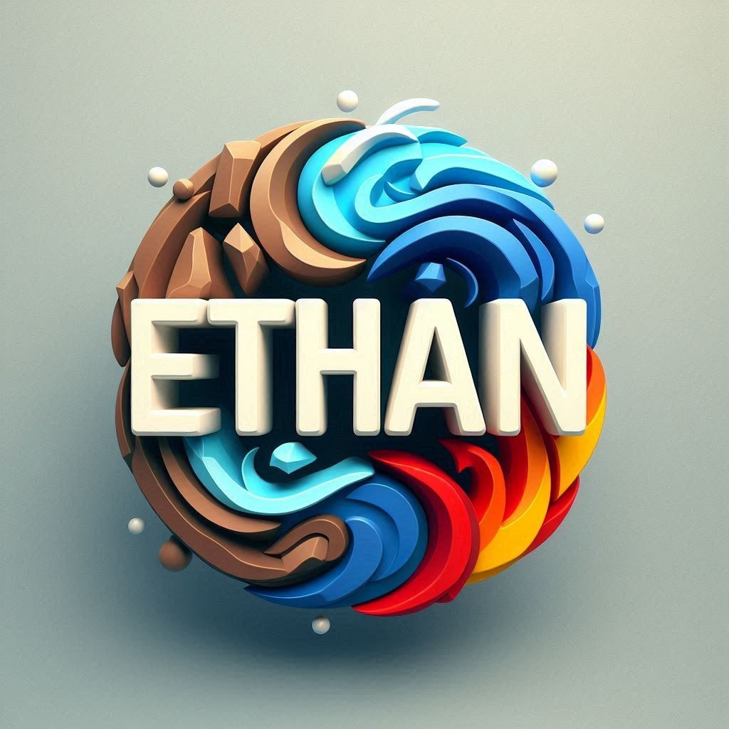 A 3D name art highlighting the four elements—earth, water, fire, and air—surrounding the name "Ethan" Font Art Electric blue Circle Symbol Poster Bottle cap